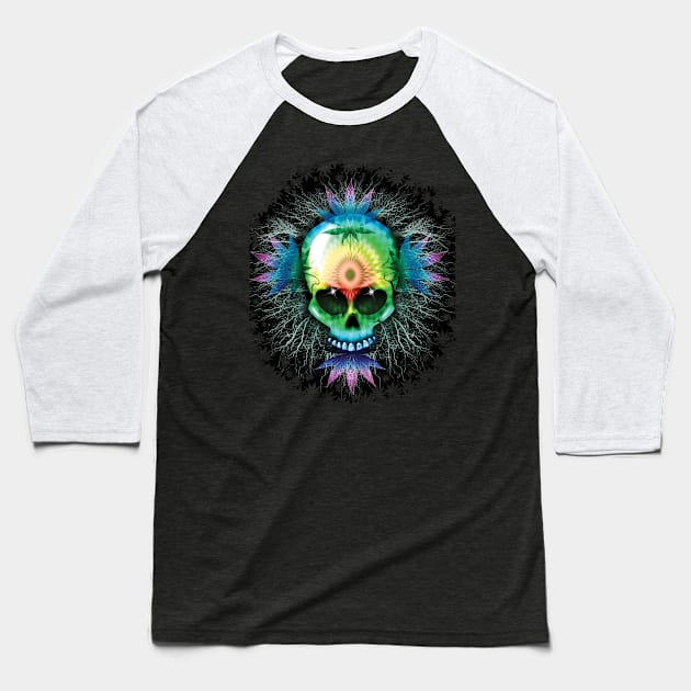 Marijuana Psychedelic Skull Baseball T-Shirt by BluedarkArt